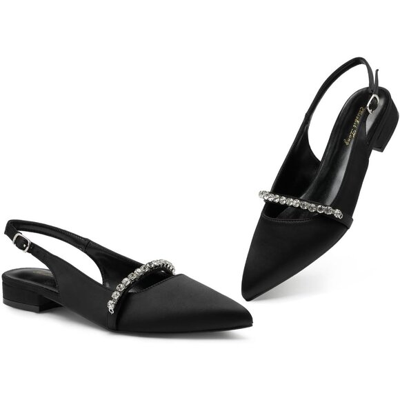 Women Black Satin Polyurethane (PU) Rhinestone Pointed Toe Slingback Flats Shoes - Picture 3 of 9